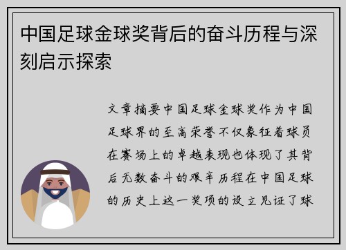 中国足球金球奖背后的奋斗历程与深刻启示探索